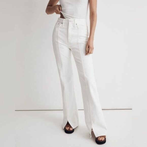 MADEWELL Front Slits at The Hens Baggy Flare Jeans in Tile White  Size 28 - Picture 1 of 14